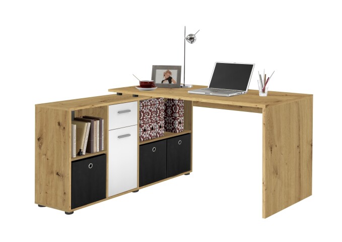 Schreibtisch >LEXO/LEX< in Artisan Eiche Dekor-weiß - 135,7x74,2x135,7cm (BxHxT)