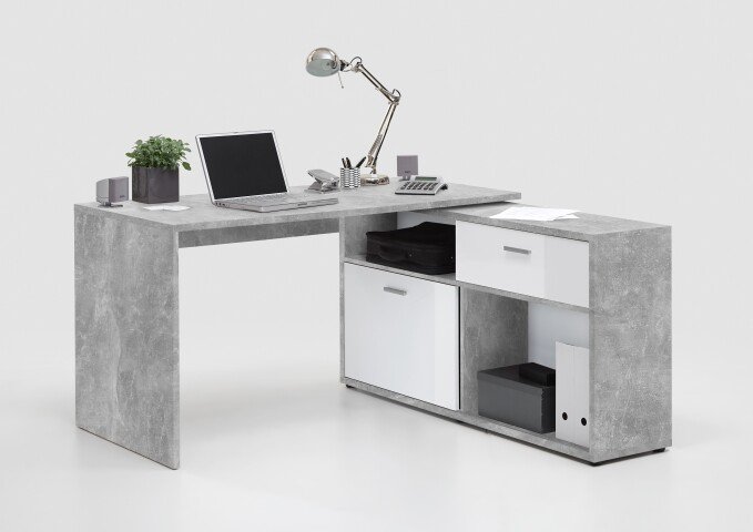 Schreibtisch >DIEGO< in Beton LA-hochlanz weiß - 138x75x138cm (BxHxT)