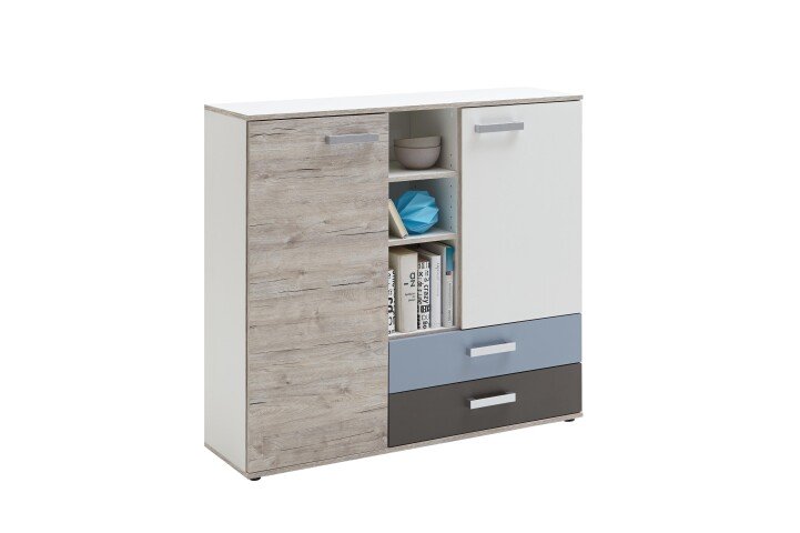 Kommode >NONA 4< in Sandeiche Dekor-weiß-Lava-Denim - 116,9x105x33cm (BxHxT)