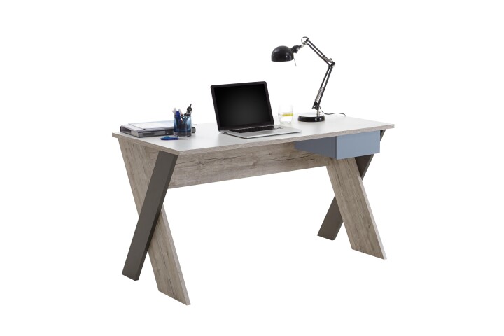 Schreibtisch >NONA 6< in Sandeiche Dekor-weiß-Lava-Denim - 135x76,4x67,5 (BxHxT)