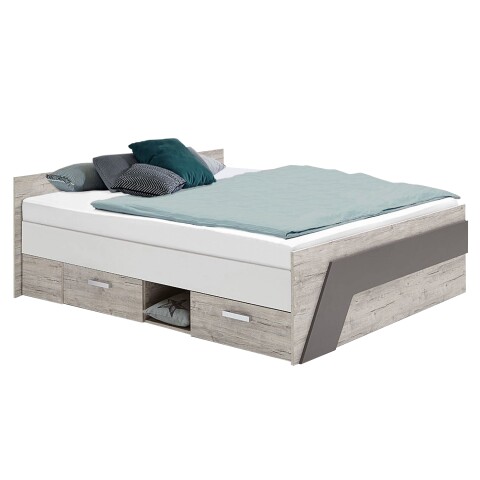 Bett >NONA 11< in Sandeiche Dekor-weiß-Lava - 204,5x69,5x144,6cm (BxHxT)
