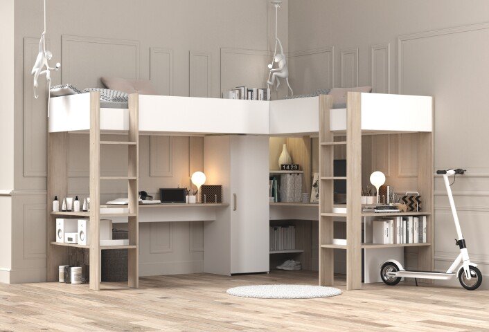 Hochbett >Alex< in Weiss / Jackson Eiche Dekor - 232x296x180cm (LxBxH)