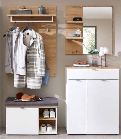 Garderoben-Set >Bari< (4-teilig) weiss matt / Eiche - 158x200x38cm (BxHxT)