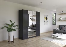 Drehtürenschrank >Ticao<  2 Schübe, 3 Stangen, grau metallic / Spiegel - 181x210x54cm (B/H/T)
