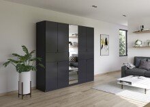 Drehtürenschrank >Ticao< 2 Schübe, 3 Stangen, grau metallic / Spiegel - 226x210x54 (B/H/T)