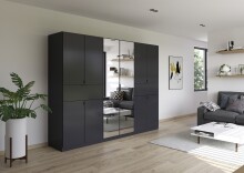 Drehtürenschrank >Ticao< 2 Schübe, 3 Stangen, grau metallic / Spiegel - 271x210x54cm (B/H/T)
