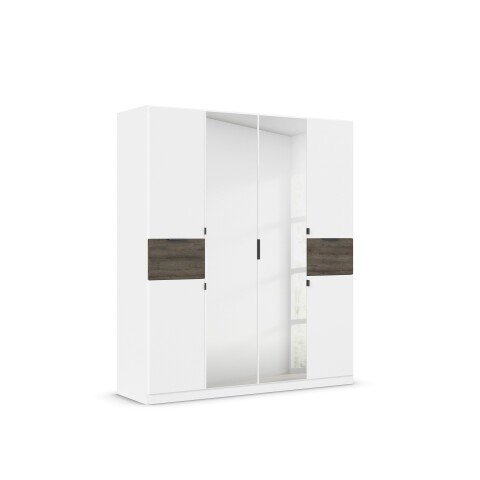 Drehtürenschrank >Ticao< 2 Schübe, weiß / Eiche dunkel Dekor / Spiegel - 181x210x54cm (B/H/T)