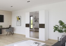 Drehtürenschrank >Ticao< 2 Schübe, weiß / Eiche dunkel Dekor / Spiegel - 181x210x54cm (B/H/T)