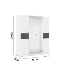 Drehtürenschrank >Ticao< 2 Schübe, weiß / Eiche dunkel Dekor / Spiegel - 181x210x54cm (B/H/T)