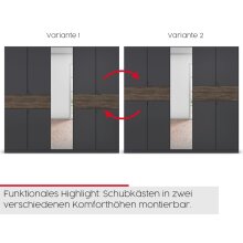 Drehtürenschrank >Ticao< 2 Schübe, weiß / Eiche dunkel Dekor / Spiegel - 181x210x54cm (B/H/T)
