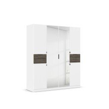 Drehtürenschrank >Ticao< 2 Schübe, weiß / Eiche dunkel Dekor / Spiegel - 181x210x54cm (B/H/T)