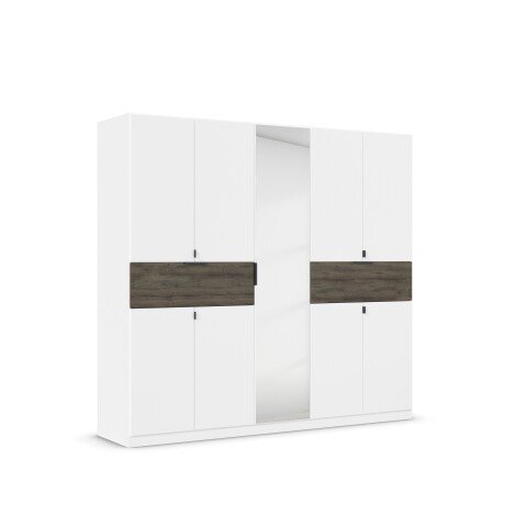 Drehtürenschrank >Ticao< 2 Schübe, weiß / Eiche dunkel Dekor / Spiegel - 226x210x54cm (B/H/T)