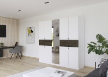 Drehtürenschrank >Ticao< 2 Schübe, weiß / Eiche dunkel Dekor / Spiegel - 226x210x54cm (B/H/T)