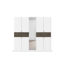 Drehtürenschrank >Ticao< 2 Schübe, weiß / Eiche dunkel Dekor / Spiegel - 226x210x54cm (B/H/T)