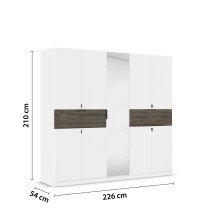 Drehtürenschrank >Ticao< 2 Schübe, weiß / Eiche dunkel Dekor / Spiegel - 226x210x54cm (B/H/T)