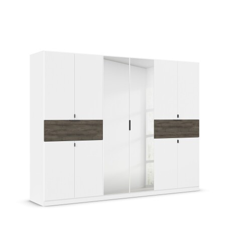 Drehtürenschrank >Ticao< 2 Schübe, weiß / Eiche dunkel Dekor / Spiegel - 271x210x54cm (B/H/T)