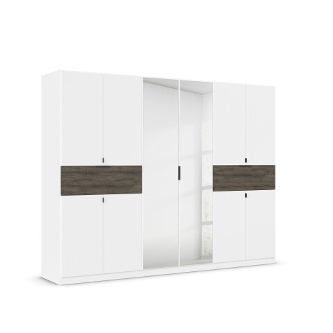 Drehtürenschrank >Ticao< 2 Schübe, weiß / Eiche dunkel Dekor / Spiegel - 271x210x54cm (B/H/T)