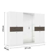 Drehtürenschrank >Ticao< 2 Schübe, weiß / Eiche dunkel Dekor / Spiegel - 271x210x54cm (B/H/T)