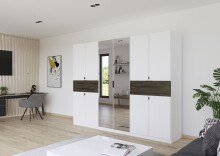 Drehtürenschrank >Ticao< 2 Schübe, weiß / Eiche dunkel Dekor / Spiegel - 271x210x54cm (B/H/T)