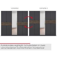 Drehtürenschrank >Ticao< 2 Schübe, weiß / Eiche dunkel Dekor / Spiegel - 271x210x54cm (B/H/T)