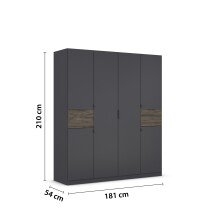 Drehtürenschrank >Ticao< 2 Schübe, grau metallic / Eiche dunkel Dekor - 181x210x54cm (B/H/T)