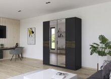 Drehtürenschrank >Ticao< grau metallic / Eiche dunkel Dekor / Spiegel - 181x210x54cm (B/H/T)