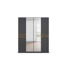 Drehtürenschrank >Ticao< grau metallic / Eiche dunkel Dekor / Spiegel - 181x210x54cm (B/H/T)