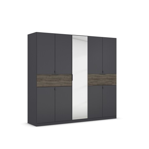Drehtürenschrank >Ticao< grau metallic / Eiche dunkel Dekor / Spiegel - 226x210x54cm (B/H/T)