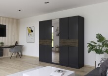 Drehtürenschrank >Ticao< grau metallic / Eiche dunkel Dekor / Spiegel - 226x210x54cm (B/H/T)