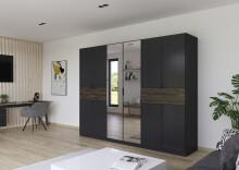 Drehtürenschrank >Ticao< grau metallic / Eiche dunkel Dekor / Spiegel - 271x210x54cm (B/H/T)