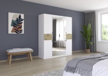 Drehtürenschrank >Ticao< 2 Schübe, weiß / Eiche Artisan Dekor / Spiegel - 181x210x54cm (B/H/T)