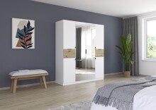 Drehtürenschrank >Ticao< 2 Schübe, weiß / Eiche Artisan Dekor / Spiegel - 181x210x54cm (B/H/T)