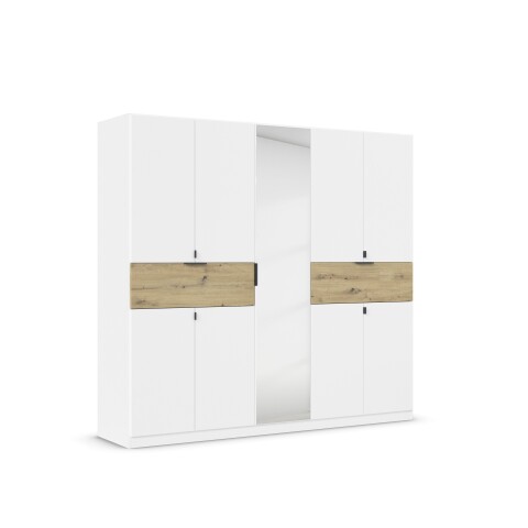 Drehtürenschrank >Ticao< 2 Schübe, weiß / Eiche Artisan Dekor / Spiegel - 226x210x54cm (B/H/T)