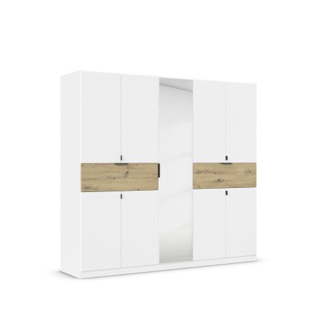 Drehtürenschrank >Ticao< 2 Schübe, weiß / Eiche Artisan Dekor / Spiegel - 226x210x54cm (B/H/T)