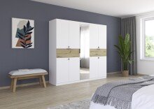 Drehtürenschrank >Ticao< 2 Schübe, weiß / Eiche Artisan Dekor / Spiegel - 226x210x54cm (B/H/T)