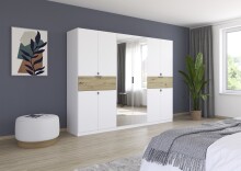 Drehtürenschrank >Ticao< 2 Schübe, weiß / Eiche Artisan Dekor / Spiegel - 271x210x54cm (B/H/T)
