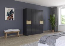 Drehtürenschrank >Ticao< 2 Schübe, grau metallic / Eiche Artisan Dekor - 181x210x54 (BxHxT)