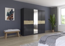 Drehtürenschrank >Ticao< grau metallic / Eiche Artisan Dekor / Spiegel - 226x210x54cm (B/H/T)