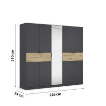 Drehtürenschrank >Ticao< grau metallic / Eiche Artisan Dekor / Spiegel - 226x210x54cm (B/H/T)