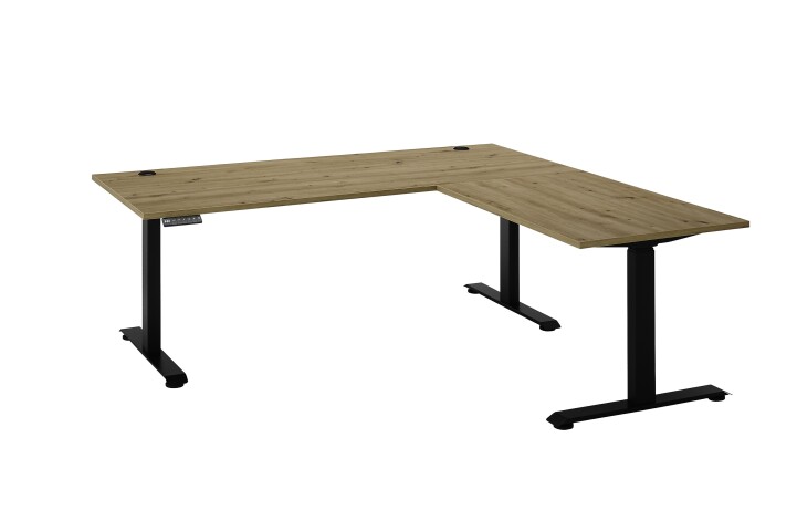 Eckschreibtisch >Ben< höhenverstellbar, Eiche Dekor / schwarz - 180x74/117x177cm (BxHxT)