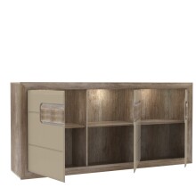 Sideboard >TIZANO< LED, Eiche Antik Dekor / Beige Glanz - 193,6x91,4x41,3cm (BxHxT)