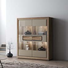 Glasvitrine >TIZANO< LED, Eiche Antik Dekor / Beige Glanz - 133,8x155,4x41,3cm (BxHxT)