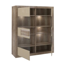 Glasvitrine >TIZANO< LED, Eiche Antik Dekor / Beige Glanz - 133,8x155,4x41,3cm (BxHxT)