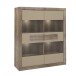 Glasvitrine >TIZANO< LED, Eiche Antik Dekor / Beige Glanz - 133,8x155,4x41,3cm (BxHxT)