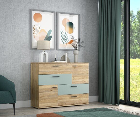 Sideboard >Skive< 4 Schubladen, 2 Türen, in Mauvelle Eiche Dekor / Salbei - 124,9x95,9x41,3cm B/H/T