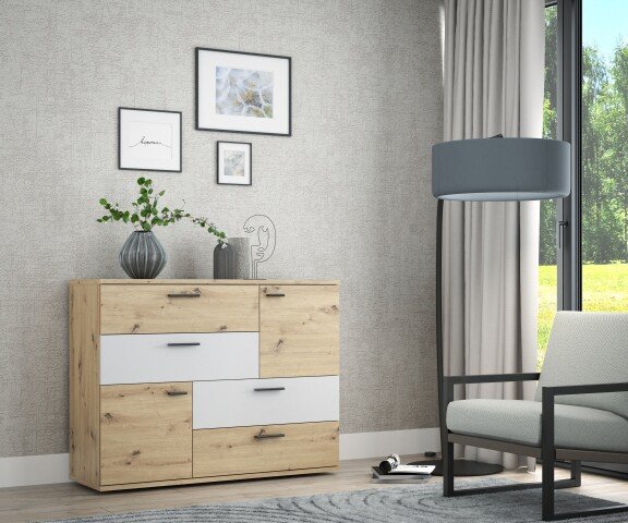Sideboard >Skive< 4 Schubladen, 2 Türen, in Artisan Eiche Dekor / secret grey - 124,9x95,9x41,3cm B/H/T