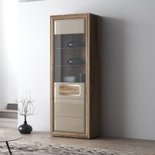 Glasvitrine >TIZANO< LED, in Eiche Antik Dekor / Beige Glanz - 74x203,5x41,3cm (BxHxT)