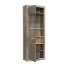Glasvitrine >TIZANO< LED, in Eiche Antik Dekor / Beige Glanz - 74x203,5x41,3cm (BxHxT)