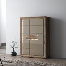 Highboard >TIZANO< LED, in Eiche Antik Dekor / Beige Glanz - 108,8x155,4x41,3cm (BxHxT)