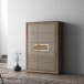 Highboard >TIZANO< LED, in Eiche Antik Dekor / Beige Glanz - 108,8x155,4x41,3cm (BxHxT)